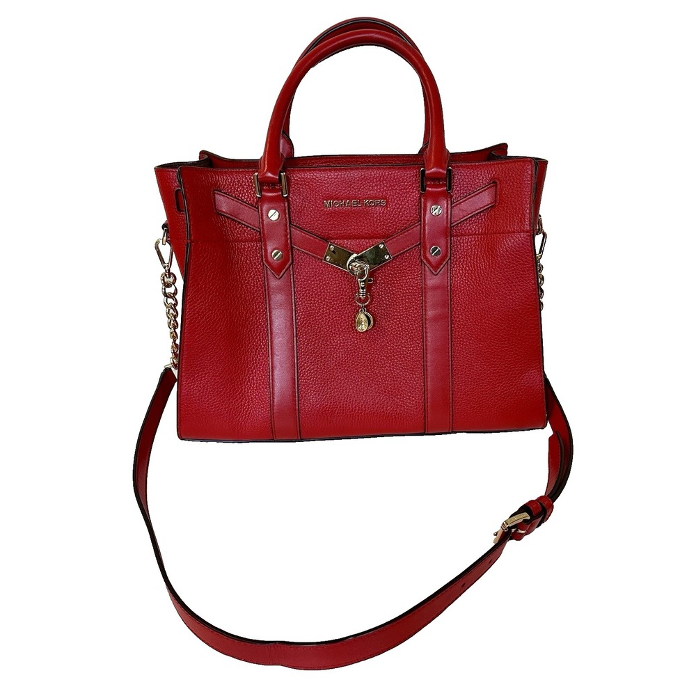 Michael Kors Purse Hamilton Red Leather Large Satchel Tote Gold Hardware